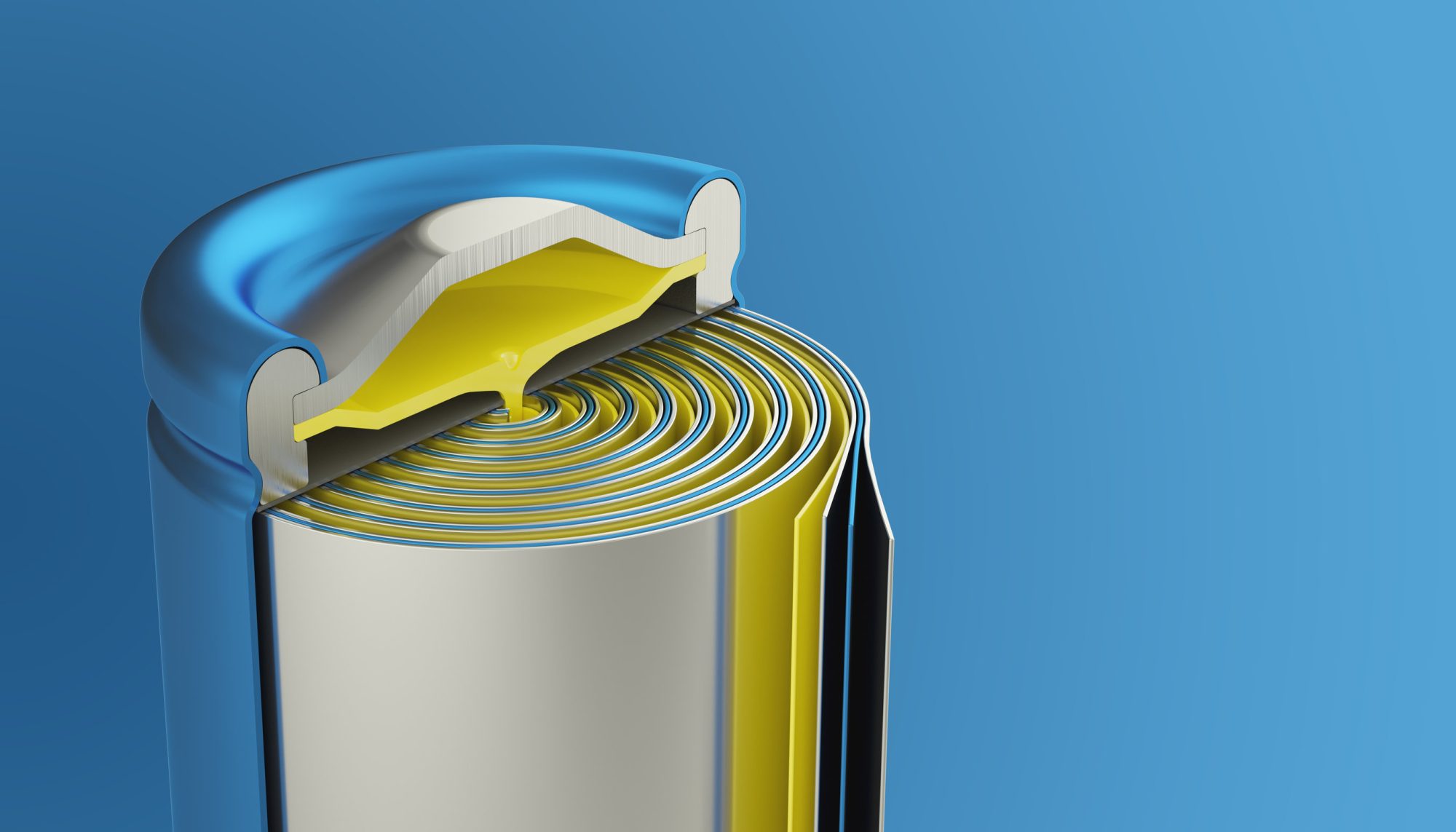 View of lithium battery from the inside with a yellow tesla cathode
